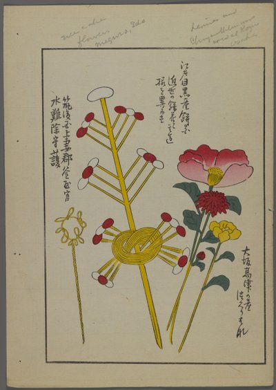 Japanse speelgoed, uit Unai no tomo (Vrienden van een kind) door Shimizu Seifu, 1891-1923. Bloemen, knopen. door Shimizu Seifu